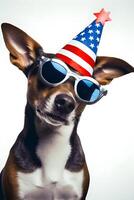 linda perro perrito disfrutando Estados Unidos independencia día ai generativo con gafas de sol y globos foto