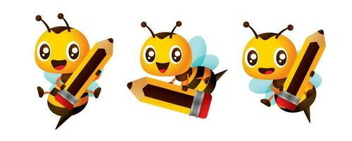 Collection cartoon cute bee holding pencil for back to school education vector mascot set