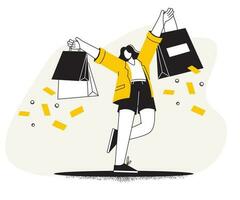 A happy woman with shopping. A girl with bags spends money. Sale, Black Friday, installments vector