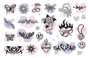 A large set of transferable temporary girl tattoos. Celtic pattern. Emo, goths, heart, style of the 90s. vector