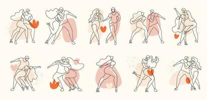 A set of beautiful couples. Lovers dance bachata, salsa. Gentle line art with spots. Minimalism vector