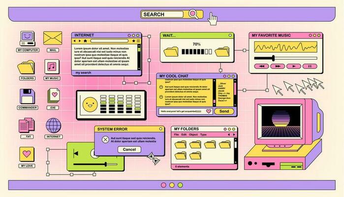The screen of an old retro PC in the y2k style. Retro wave and vaporwave background. Bright vintage computer interface