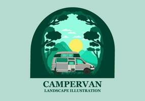 Colorful illustration badge of campervan in nature vector