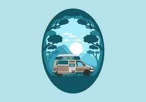 Colorful illustration badge of campervan in nature vector