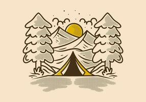 Triangle camping tent between two big pine trees design vector