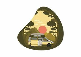 Colorful illustration badge of campervan in nature vector