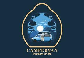 Colorful illustration badge of campervan in nature vector