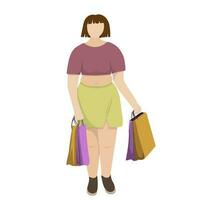 rechoncho mujer con compras en grande paquetes compras, venta. cuerpo positividad vector