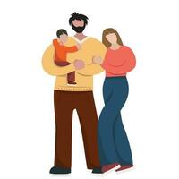 mamá y papá con un pequeño hijo en su brazos. padre y madre con niño, familia, juntos. padres día, madres día vector