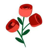 Three red rose with green leaves, stylized flower on a white background. vector