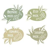 A set of labels for vegetable milk. Milk for vegetarians from varieties of grains and nuts. Milk without lactose. An alternative to dairy products. Template for banner, poster, printing, packaging. vector