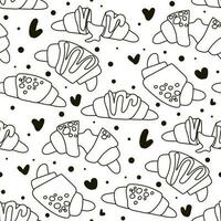 Croissant pattern design contour illustration with dots and lines. Baking background with croissant and spots. Seamless pattern with colored croissants and hearts and dots decor on a white background vector