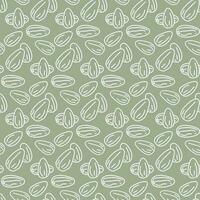 A pattern with contour sketches of almonds. The symbol is a doodle of nuts on a green background. Printing on textiles and paper background for packaging vegetable milk with almonds. A handful vector