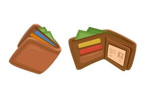 cuero billetera doblada y abierto con crédito tarjeta y dinero símbolo conjunto dibujos animados ilustración vector