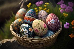 Colorful easter eggs in basket at nature background. Patterned on eggs. photo