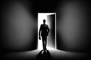 Man in business outfit goes through an open door. Black and white background. photo