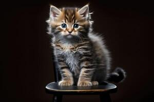 Cute kitten sits on high chair black background photo