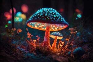 Magic mushroom in the forest colorful background. photo