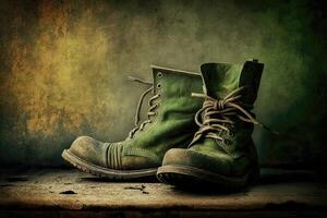 Green boots on old background. photo