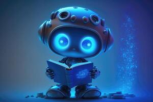 Cute surprised robot child after reading in a book on blue background. photo