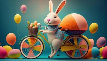 A cute cheerful rabbit holds an egg and rides a bicycle on the occasion of Easter celebration, creative illustration, photo