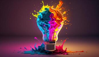 a colorful glowing 3d idea bulb lamp visualization of brainstorming, bright idea and creative thinking, photo