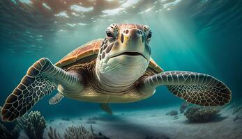 Portrait of a happy sea turtle swimming underwater. photo