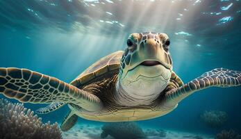 Portrait of a happy sea turtle swimming underwater. photo