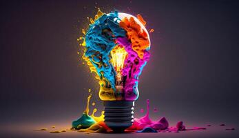 a colorful glowing 3d idea bulb lamp visualization of brainstorming, bright idea and creative thinking, photo