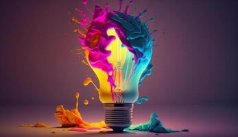 a colorful glowing 3d idea bulb lamp visualization of brainstorming, bright idea and creative thinking, photo