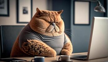 A fat cat is sitting at the office table in front of a computer. Sedentary lifestyle concept, photo