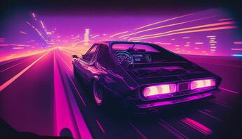 cyberpunk futurista retro ola sintetizador ola auto, retro Deportes coche con neón iluminar desde el fondo contornos, generativo ai foto