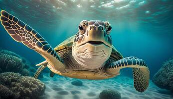 Portrait of a happy sea turtle swimming underwater. photo