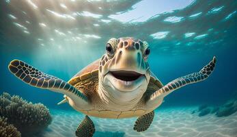 retrato de un contento mar Tortuga nadando submarino. generativo ai foto