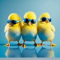 three yellow chicks with blue sunglasses bang, studio blue background. easter concept, photo