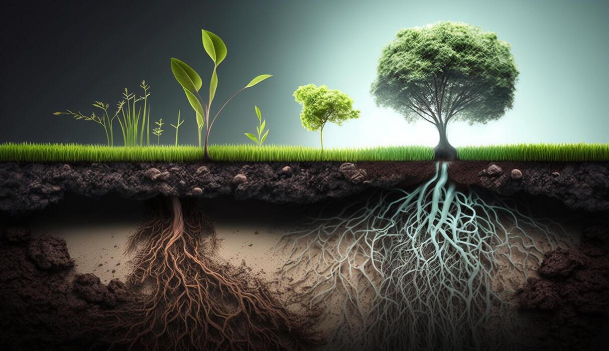 Roots Underground Stock Photos - Plants Growing On The Surface And Roots Underground Earth Section Concept Generative Ai Illustration Photo 