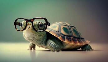 Cute little green turtle with glasses in front of studio background. photo