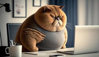 A fat cat is sitting at the office table in front of a computer. Sedentary lifestyle concept, photo