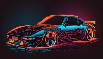 cyberpunk futurista retro ola sintetizador ola auto, retro Deportes coche con neón iluminar desde el fondo contornos, generativo ai foto