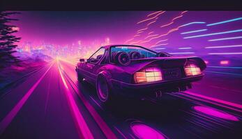 cyberpunk futurista retro ola sintetizador ola auto, retro Deportes coche con neón iluminar desde el fondo contornos, generativo ai foto