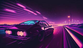 Cyberpunk Futuristic retro wave synth wave car, Retro sports car with neon backlight contours, photo