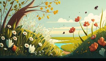 Illustration of a flower meadow in spring. . photo