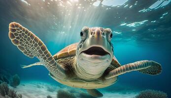 Portrait of a happy sea turtle swimming underwater. photo