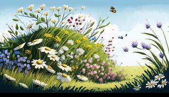 Illustration of a flower meadow in spring. . photo