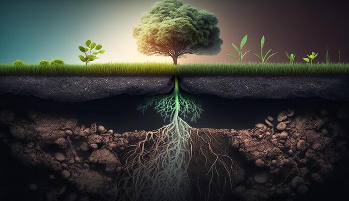 Roots Underground Stock Photos - Plants Growing On The Surface And Roots Underground Earth Section Concept Generative Ai Illustration Photo