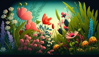 Illustration of a flower meadow in spring. . photo