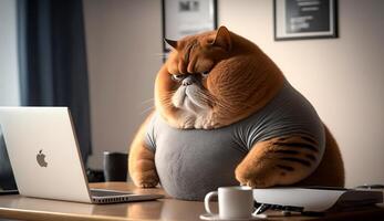 A fat cat is sitting at the office table in front of a computer. Sedentary lifestyle concept, photo