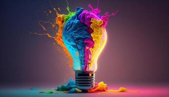 a colorful glowing 3d idea bulb lamp visualization of brainstorming, bright idea and creative thinking, photo