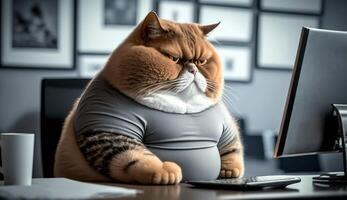 A fat cat is sitting at the office table in front of a computer. Sedentary lifestyle concept, photo