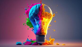 a colorful glowing 3d idea bulb lamp visualization of brainstorming, bright idea and creative thinking, photo